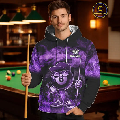 Purple Funny 8 Ball Pool Flame Smoke Billiard Hoodie For Men And Women Custom 8 Ball Hoodie Jersey TDM5694