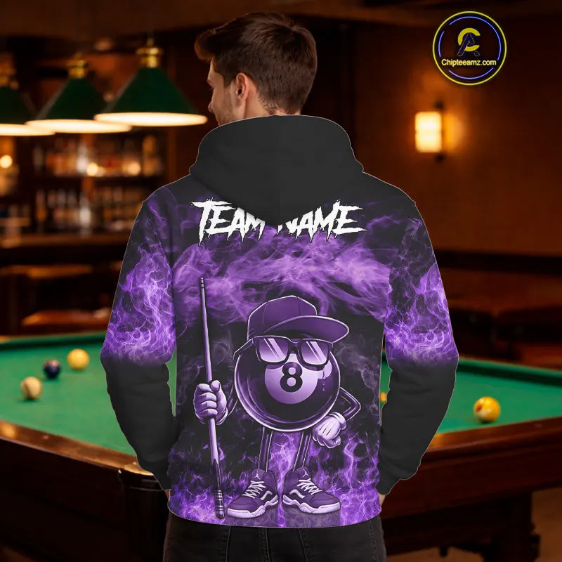 Purple Funny 8 Ball Pool Flame Smoke Billiard Hoodie For Men And Women Custom 8 Ball Hoodie Jersey TDM5694
