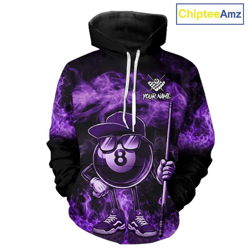 Purple Funny 8 Ball Pool Flame Smoke Billiard Hoodie For Men And Women Custom 8 Ball Hoodie Jersey TDM5694