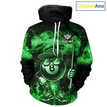 Load image into Gallery viewer, Green Funny 8 Ball Pool Flame Smoke Billiard Hoodie For Men And Women Custom 8 Ball Hoodie Jersey TDM5695