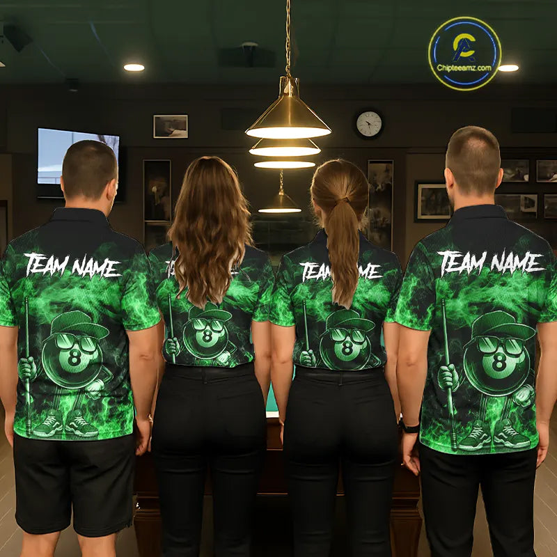 Green Funny 8 Ball Pool Flame Smoke Billiard Shirt For Men Custom Billiard Team Jersey Uniform TDM5695