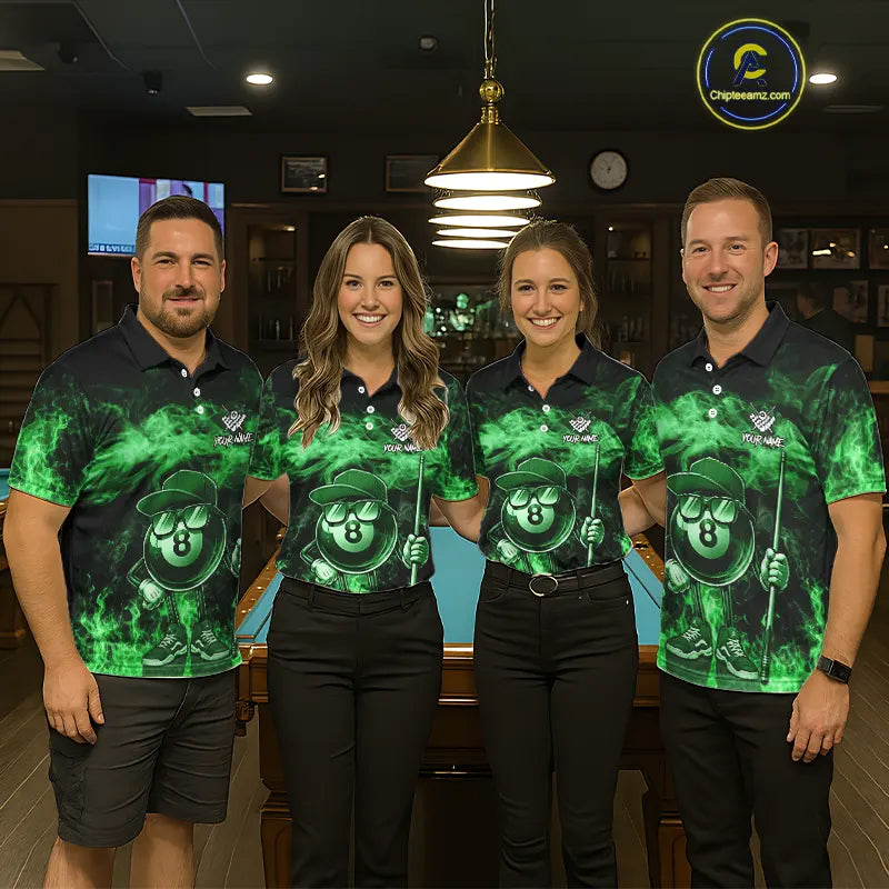 Green Funny 8 Ball Pool Flame Smoke Billiard Shirt For Men Custom Billiard Team Jersey Uniform TDM5695