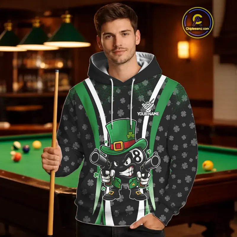 Black And Green St Patrick Day Billiard Hoodie Custom Funny 8 Ball Pool Lucky Billiard Team Jersey TDM5698