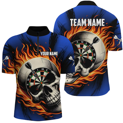 Flaming Dart Skull Men Quarter-Zip Shirts Custom Darts Shirts For Team Dart Jerseys |Blue TDM1219