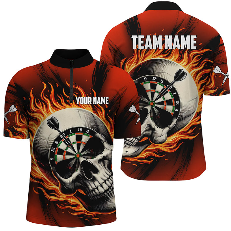 Flaming Dart Skull Men Quarter-Zip Shirts Custom Darts Shirts For Team Dart Jerseys |Red TDM1220