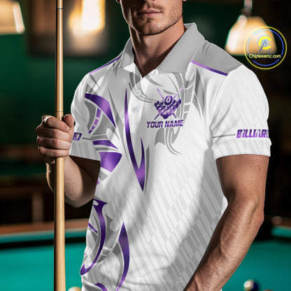 White And Purple Custom Crown 8 Ball Men's Billiards Shirts, Billiard Jersey Team Polo & 1/4 Zip TDM6054