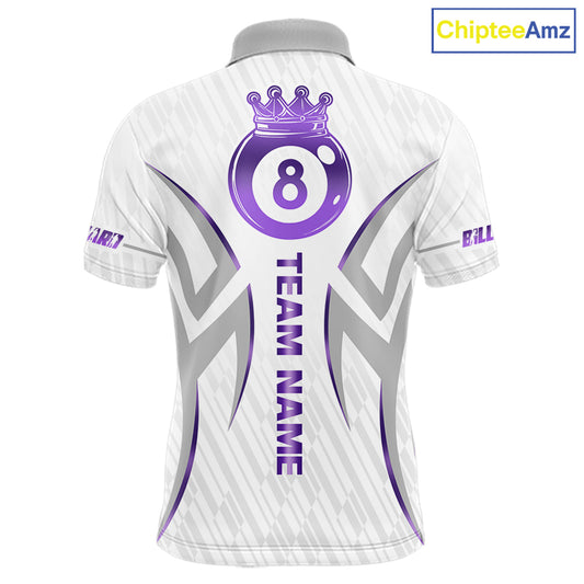 White And Purple Custom Crown 8 Ball Men's Billiards Shirts, Billiard Jersey Team Polo & 1/4 Zip TDM6054
