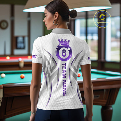 White And Purple Custom Crown 8 Ball Women's Billiards Shirts, Billiard Jersey Team Polo & 1/4 Zip TDM6054