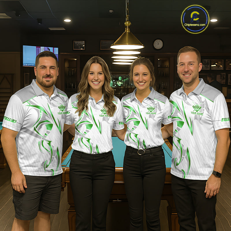 White And Green Custom Crown 8 Ball Men's Billiards Shirts, Billiard Jersey Team Polo & 1/4 Zip TDM6055