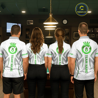 White And Green Custom Crown 8 Ball Men's Billiards Shirts, Billiard Jersey Team Polo & 1/4 Zip TDM6055