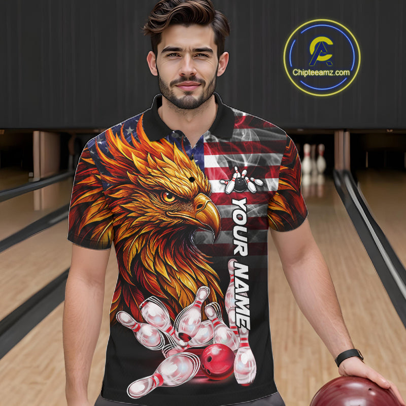 Man Wearing Smoke American Flag Phoenix Bowling Polo Shirt Front View Custom Patriotic Bowling Jersey