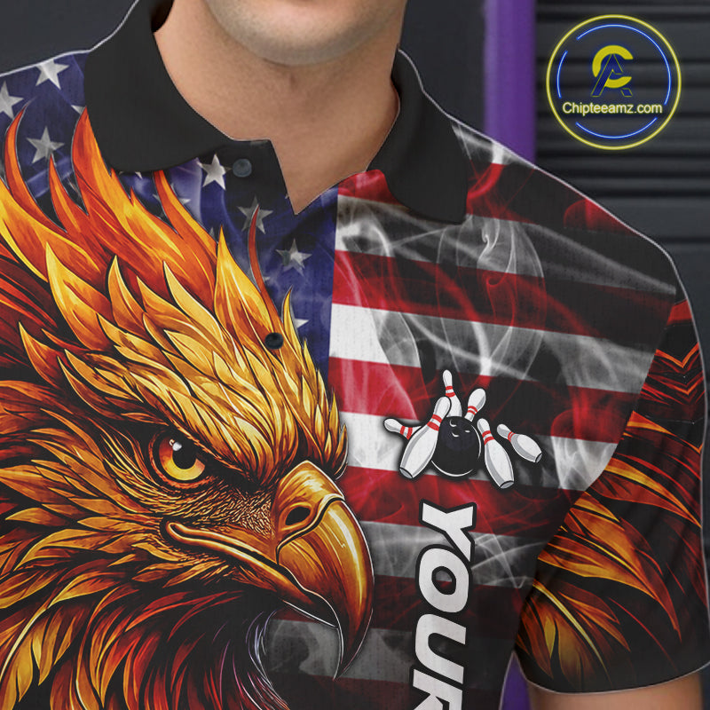 Close Up Of Smoke American Flag Phoenix Bowling Polo Shirt Collar Chest And Button Details