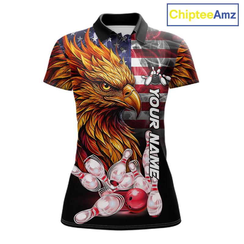 Smoke American Flag Phoenix Bowling Polo Shirt For Women Custom Patriotic Bowling Team Jersey Design