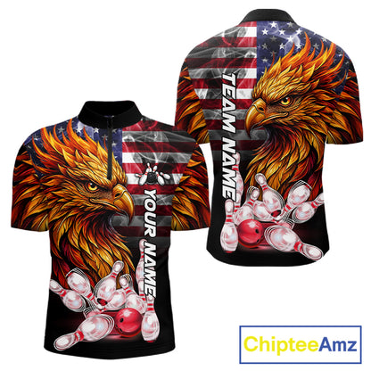 Smoke American Flag Phoenix Bowling Quarter Zip Shirt For Men Custom Patriotic Bowling Team Jersey