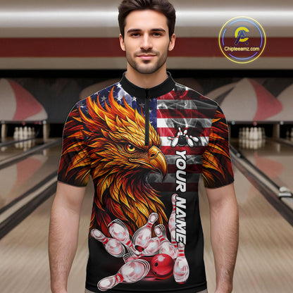 Man Wearing Smoke American Flag Phoenix Bowling Quarter Zip Shirt Front View Custom Bowling Jersey