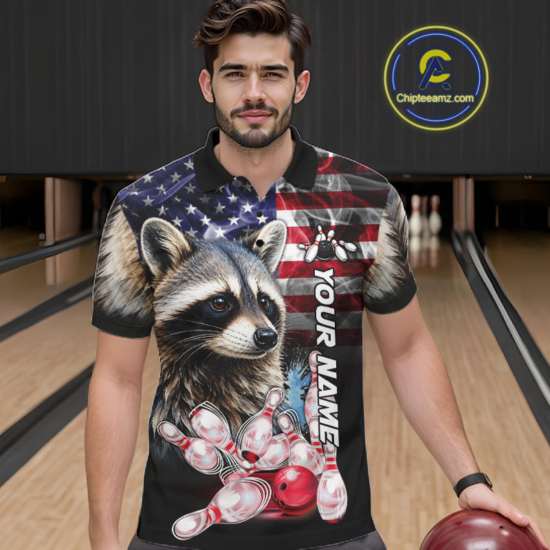 Man Wearing Smoke American Flag Raccoon Bowling Polo Shirt Front View Custom Patriotic Bowling Jersey