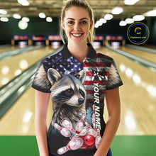 Load image into Gallery viewer, Woman Wearing Smoke American Flag Raccoon Bowling Polo Shirt Front View Custom Patriotic Bowling Jersey