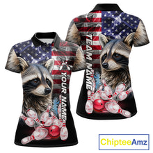Load image into Gallery viewer, Smoke American Flag Raccoon Bowling Custom Polo Shirt For Women Patriotic Bowling League Team Jersey