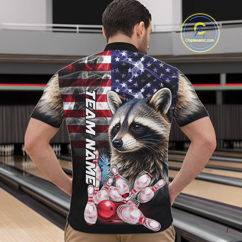 Man Wearing Smoke American Flag Raccoon Bowling Quarter Zip Shirt Back View Patriotic Bowling Team Jersey