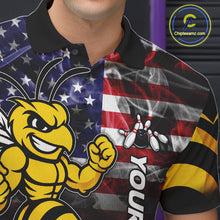 Load image into Gallery viewer, Close Up Of Smoke American Flag Funny Bee Bowling Polo Shirt Collar Chest And Button Details