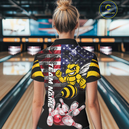 Woman Wearing Smoke American Flag Funny Bee Bowling Polo Shirt Back View Patriotic Bowling Team Jersey