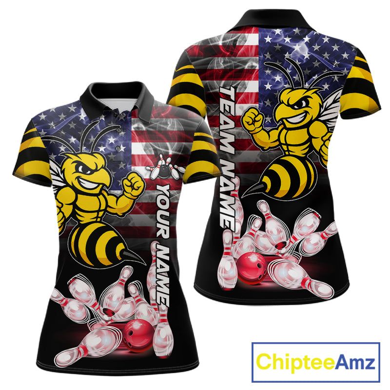 Smoke American Flag Funny Bee Bowling Custom Polo Shirt For Women Patriotic Bowling League Team Jersey