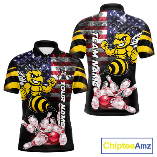 Smoke American Flag Funny Bee Bowling Custom Polo Shirt For Men Patriotic Bowling League Team Jersey
