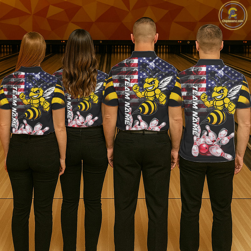Bowling Team Wearing Smoke American Flag Funny Bee Bowling Polo Shirts Back View