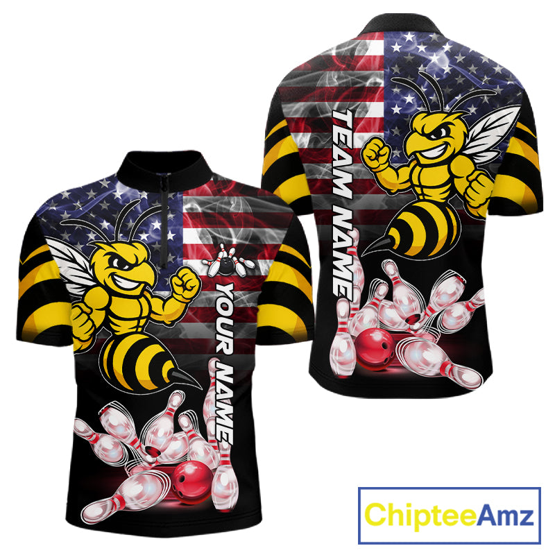 Smoke American Flag Funny Bee Bowling Quarter Zip Shirt For Men Custom Patriotic Bowling Team Jersey