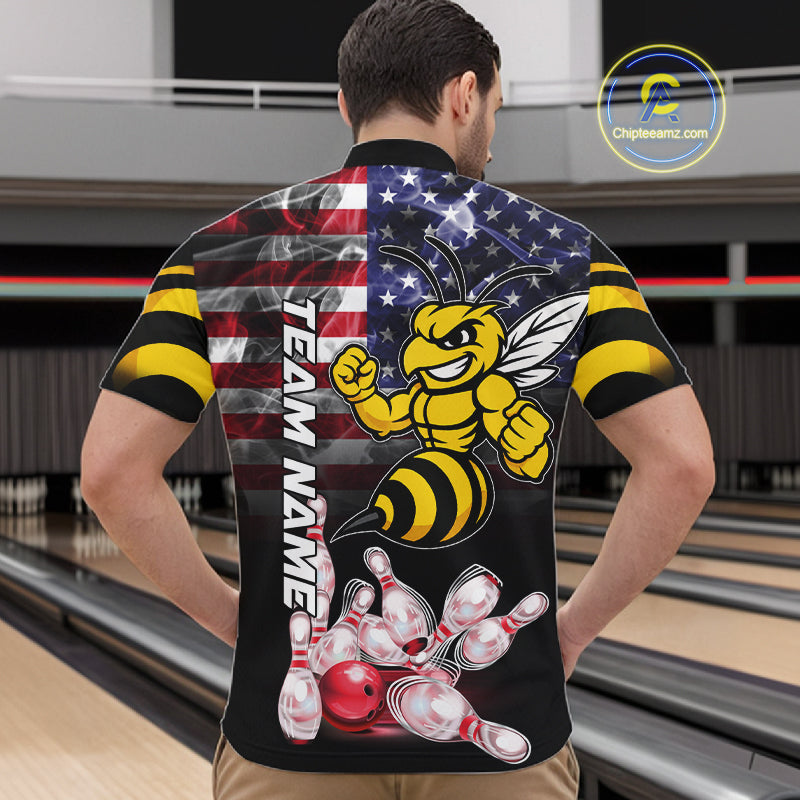 Man Wearing Smoke American Flag Funny Bee Bowling Quarter Zip Shirt Back View Patriotic Bowling Team Jersey