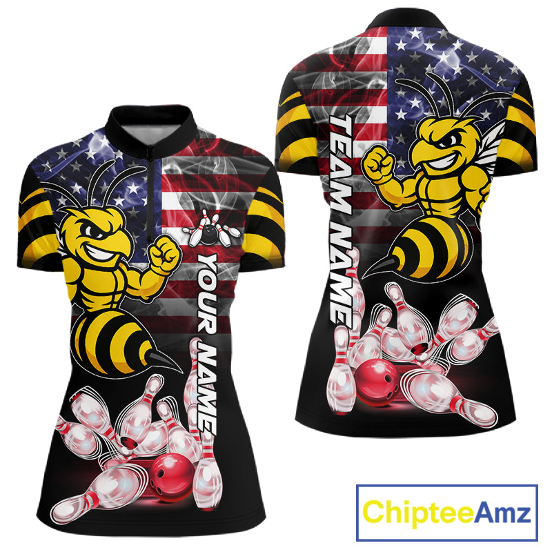Smoke American Flag Funny Bee Bowling Quarter Zip Shirt For Women Custom Patriotic Bowling Team Jersey