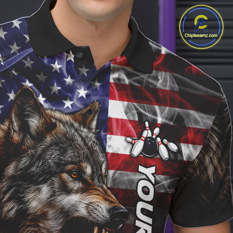 Close Up Of Smoke American Flag Wolf Bowling Polo Shirt Collar Chest And Button Details