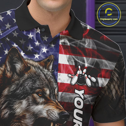 Close Up Of Smoke American Flag Wolf Bowling Polo Shirt Collar Chest And Button Details