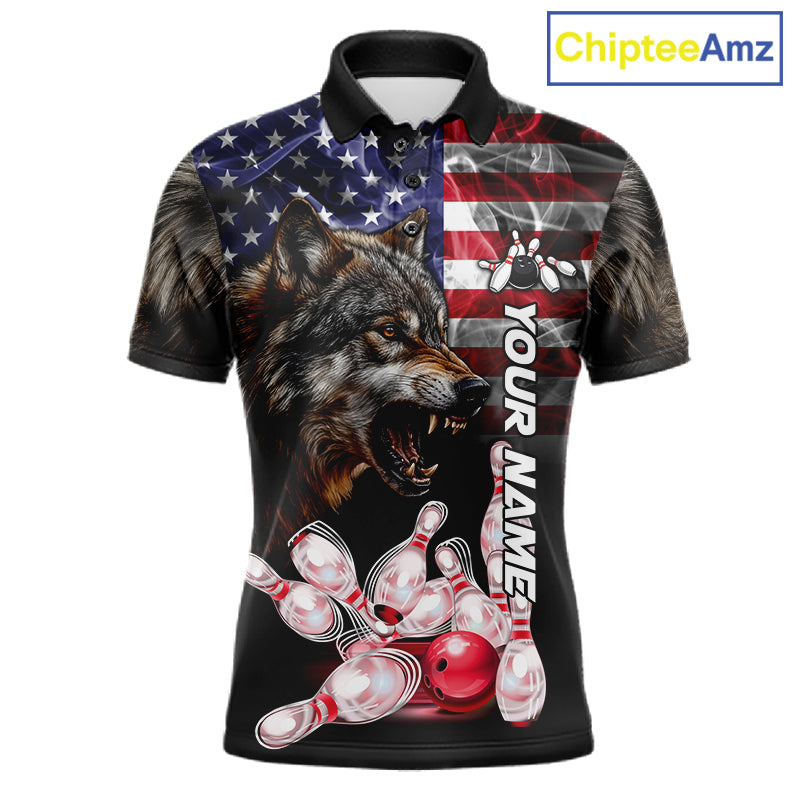 Smoke American Flag Wolf Bowling Polo Shirt For Men Custom Patriotic Bowling Team Jersey Design