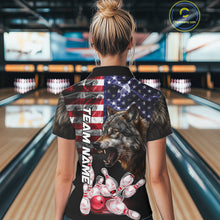 Load image into Gallery viewer, Woman Wearing Smoke American Flag Wolf Bowling Polo Shirt Back View Patriotic Bowling Team Jersey