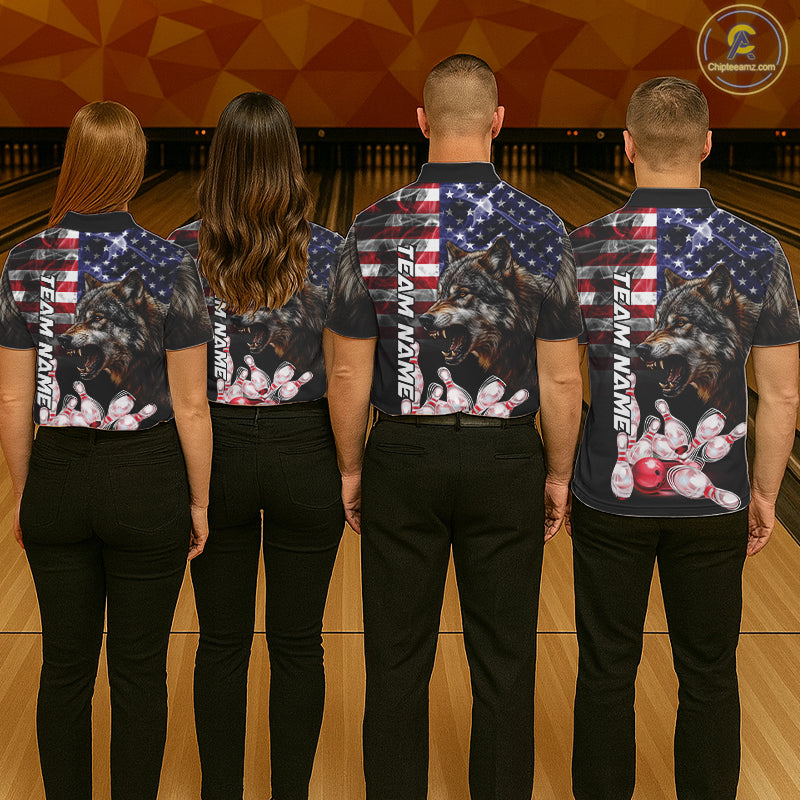 Bowling Team Wearing Smoke American Flag Wolf Bowling Polo Shirts Back View