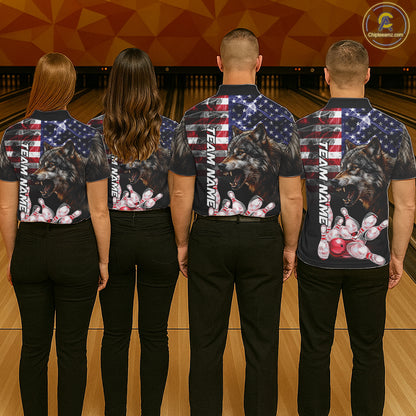 Bowling Team Wearing Smoke American Flag Wolf Bowling Polo Shirts Back View