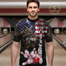 Load image into Gallery viewer, Man Wearing Smoke American Flag Wolf Bowling Quarter Zip Shirt Front View Custom Bowling Jersey