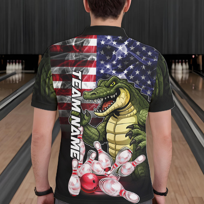Man Wearing Smoke American Alligator Bowling Polo Shirt Back View Patriotic Bowling Team Jersey