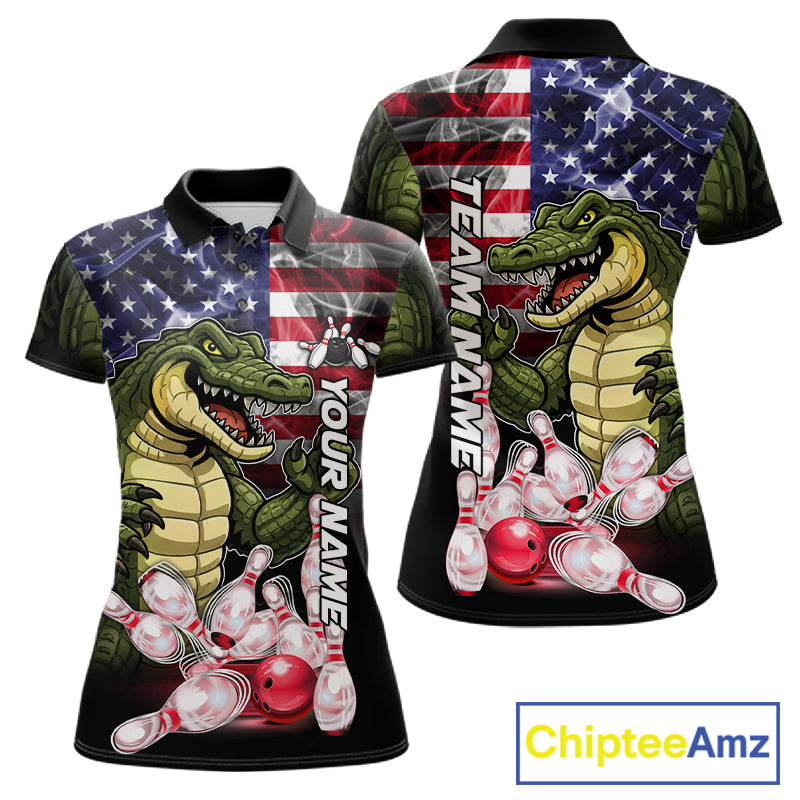 Smoke American Alligator Bowling Custom Polo Shirt For Women Patriotic Bowling League Team Jersey
