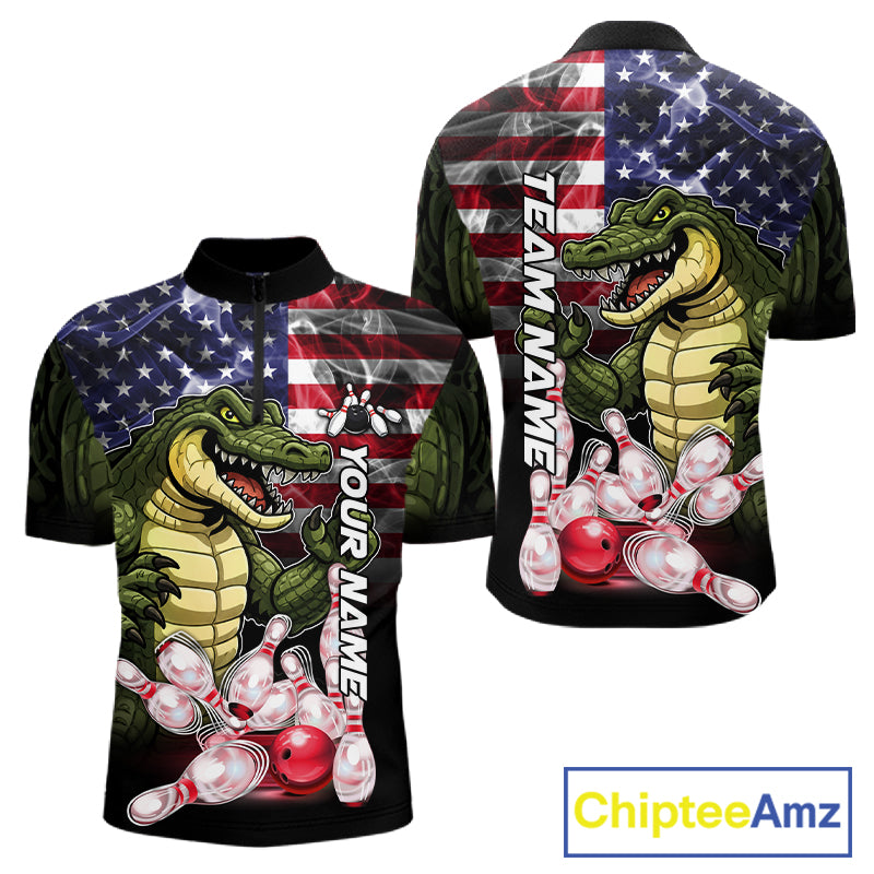 Smoke American Alligator Bowling Quarter Zip Shirt For Men Custom Patriotic Bowling Team Jersey