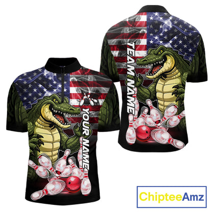 Smoke American Alligator Bowling Quarter Zip Shirt For Men Custom Patriotic Bowling Team Jersey