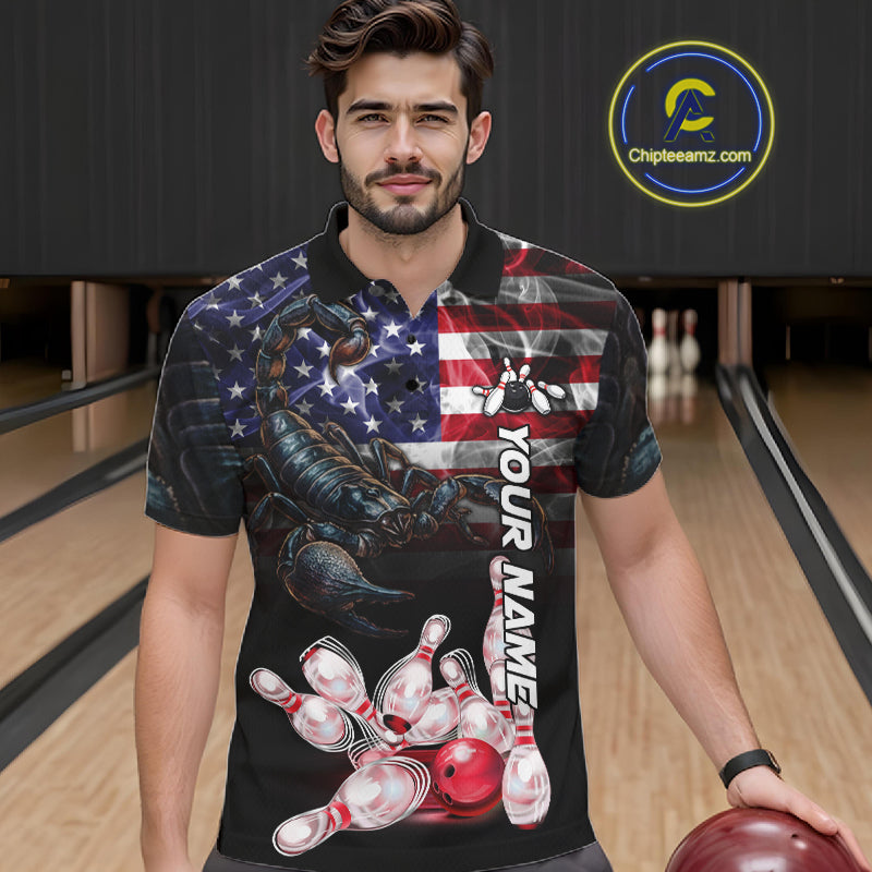Man Wearing Smoke American Flag Scorpion Bowling Polo Shirt Front View Custom Patriotic Bowling Jersey