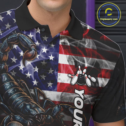Close Up Of Smoke American Flag Scorpion Bowling Polo Shirt Collar Chest And Button Details