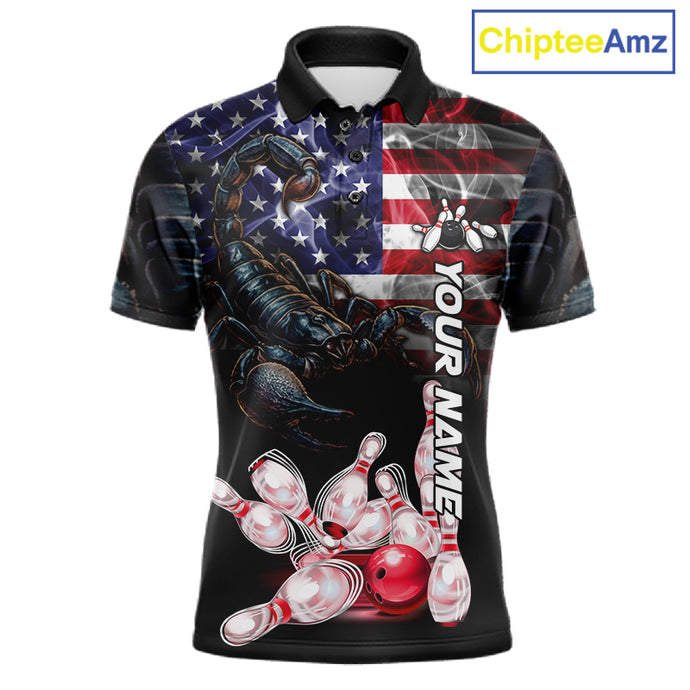 Smoke American Flag Scorpion Bowling Polo Shirt For Men Custom Patriotic Bowling Team Jersey Design