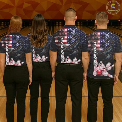 Bowling Team Wearing Smoke American Flag Scorpion Bowling Polo Shirts Back View