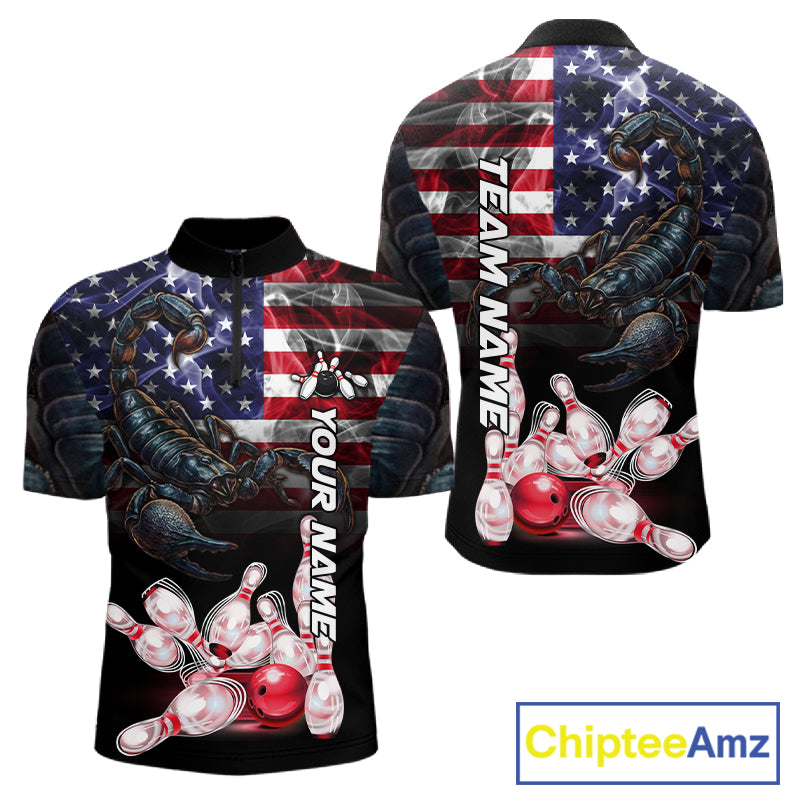 Smoke American Flag Scorpion Bowling Quarter Zip Shirt For Men Custom Patriotic Bowling Team Jersey
