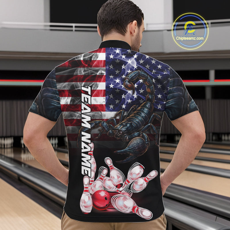 Man Wearing Smoke American Flag Scorpion Bowling Quarter Zip Shirt Back View Patriotic Bowling Team Jersey
