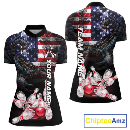 Smoke American Flag Scorpion Bowling Quarter Zip Shirt For Women Custom Patriotic Bowling Team Jersey