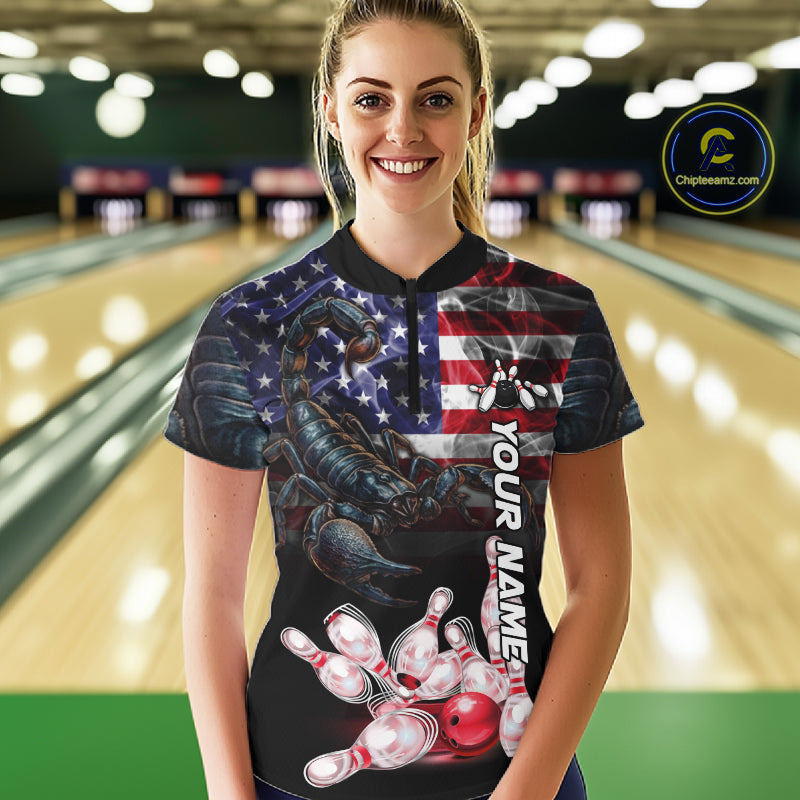 Woman Wearing Smoke American Flag Scorpion Bowling Quarter Zip Shirt Front View Custom Bowling Jersey